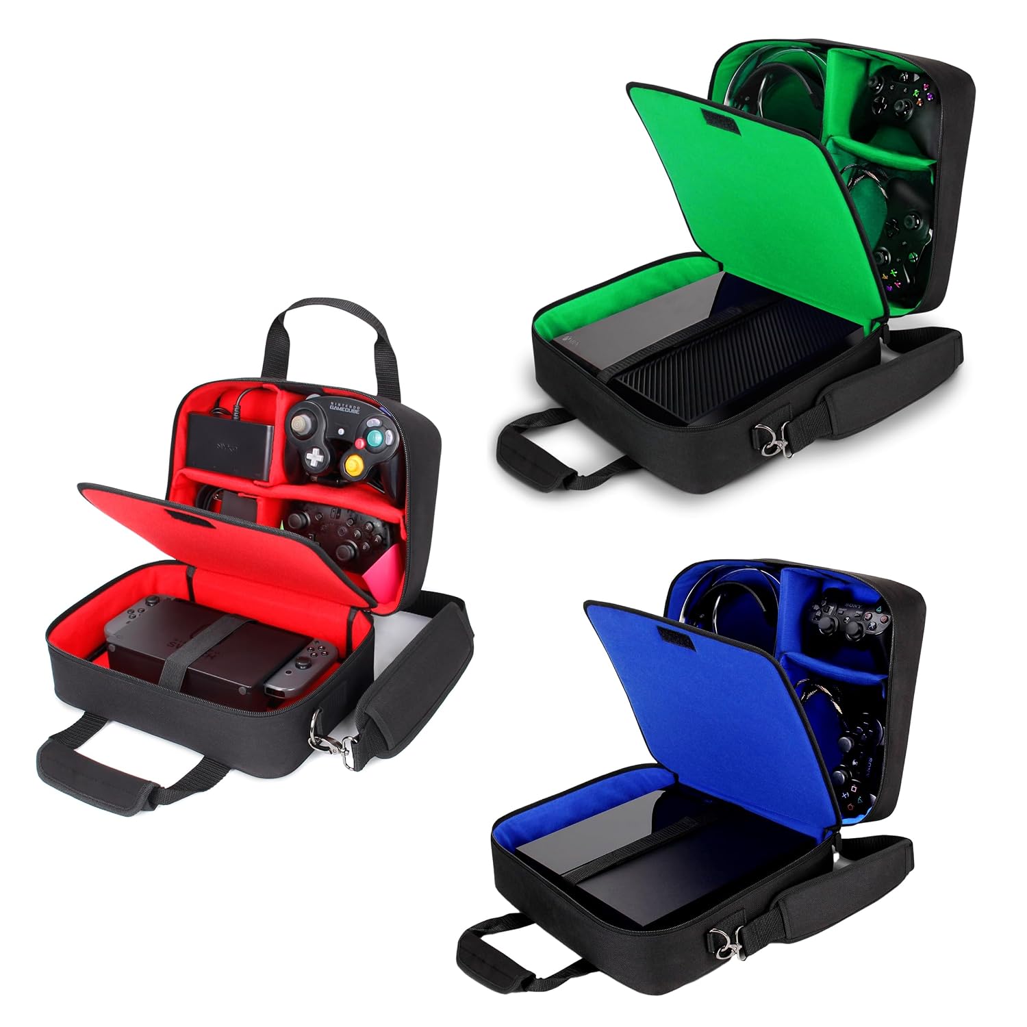 USA Gear Console Case (PS4 Blue, Xbox Green & Switch Red) Console Travel Bag Compatible with PlayStation 4 / Xbox One / Xbox 360 / Nintendo Switch Customizable Interior & Water Resistant Exterior