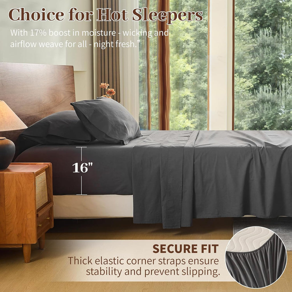 MEISHANG 100% French Pure Linen Sheets Queen Size - Bed Sheets 4 Piece Sets, Soft Durable Flax Linen, Anti-Tear Breathable Oeko-Tex Certified with 16' Deep Pocket (Dark Grey)