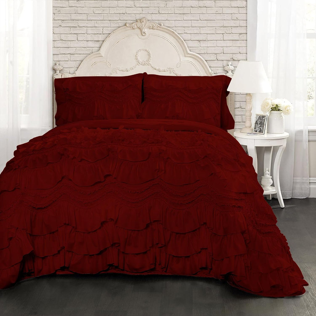 100% Egyptian Cotton, 550 GSM Microfiber Filled Quilt Ruffled Textured 3 Piece Full/Queen Size Comforter Set, Burgundy