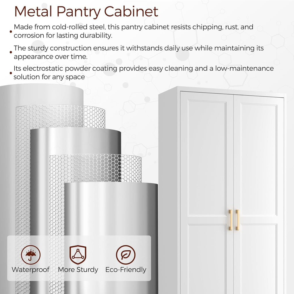71' Tall Metal Pantry Cabinet, White Kitchen Pantry Storage Cabinet with 4 Adjustable Shelves and Gold Handles, Cupboard for Kitchen, Dining Room, Living Room, Bathroom