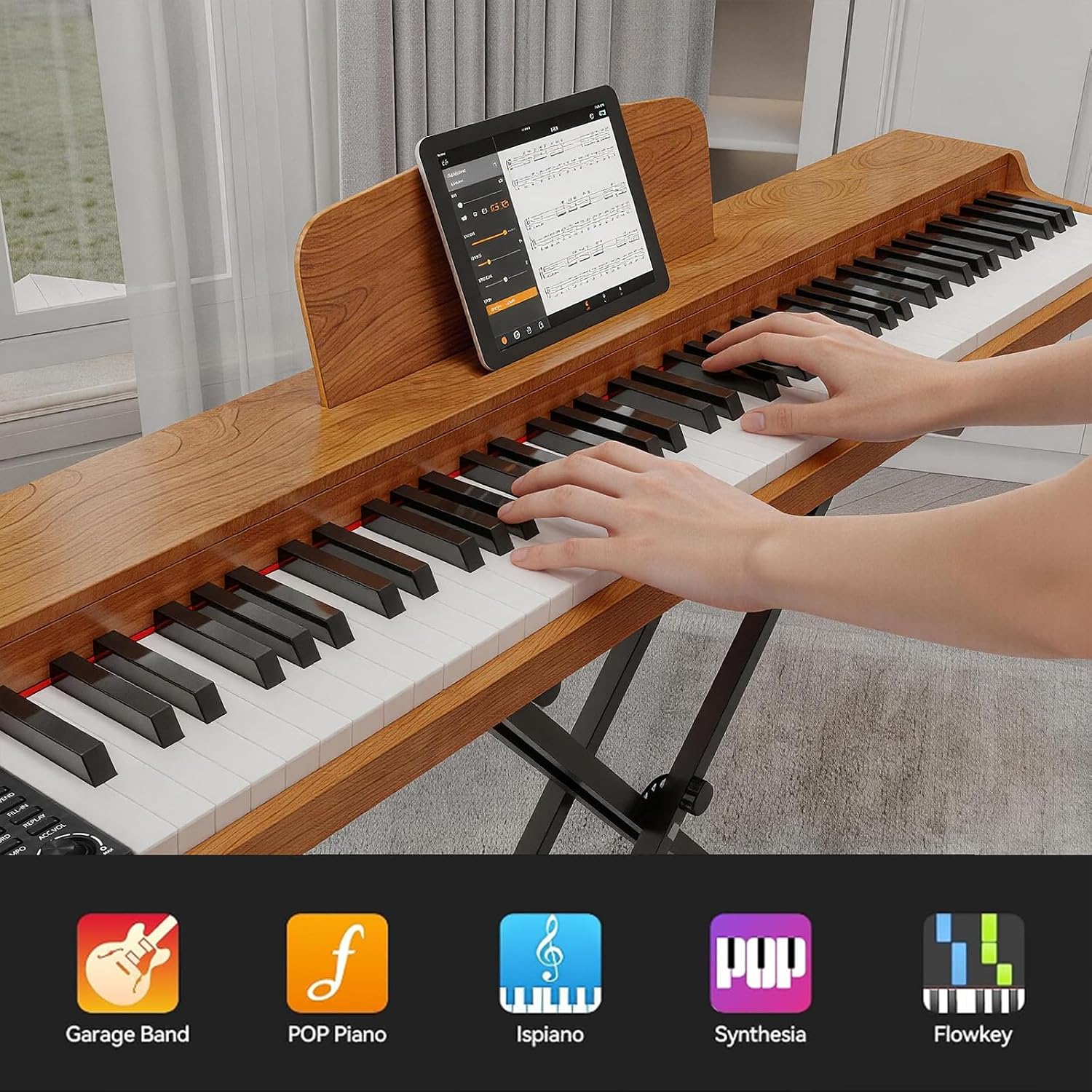 88 Key Weighted Keyboard Piano with Sustain Pedal, Power Adapter & Sheet Music Stand - Home Digital Piano, Brown (Keyboard Only)