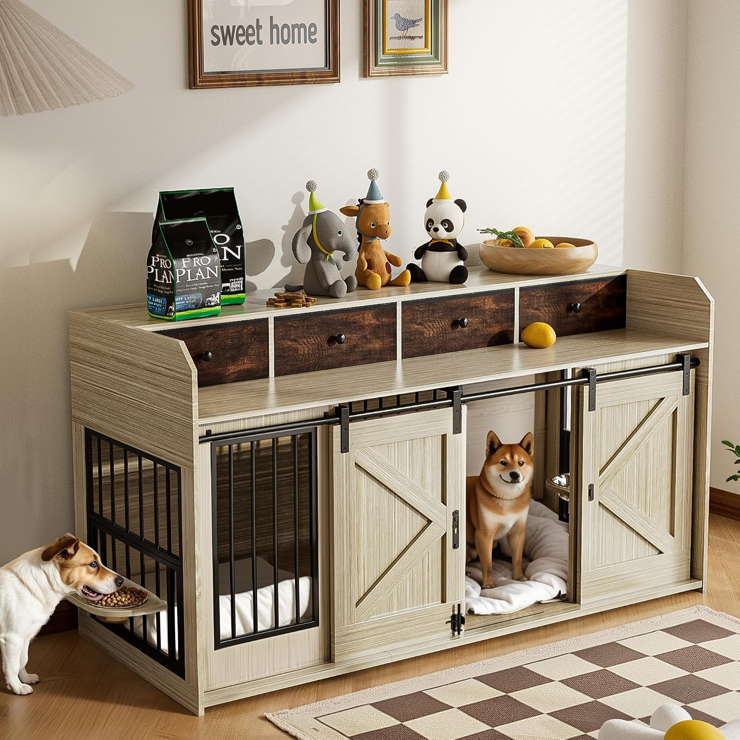 63' Double Dog Crate Furniture – Wooden Dog Kennel Indoor with Sliding Doors, Adjustable Bowls & Storage Drawers – Large Dog Crate TV Stand for 2 Dogs, Beige Wood Grain