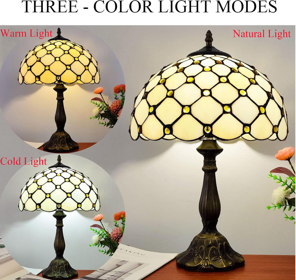 Tiffany Lamp Stained Glass Table Lamp - Antique Bedside Desk Reading Light With 3-Way Color LED - Living Room Nightstand 12X12X19 Inches - Home Office Desk Lamp - Cream White Pearls Style
