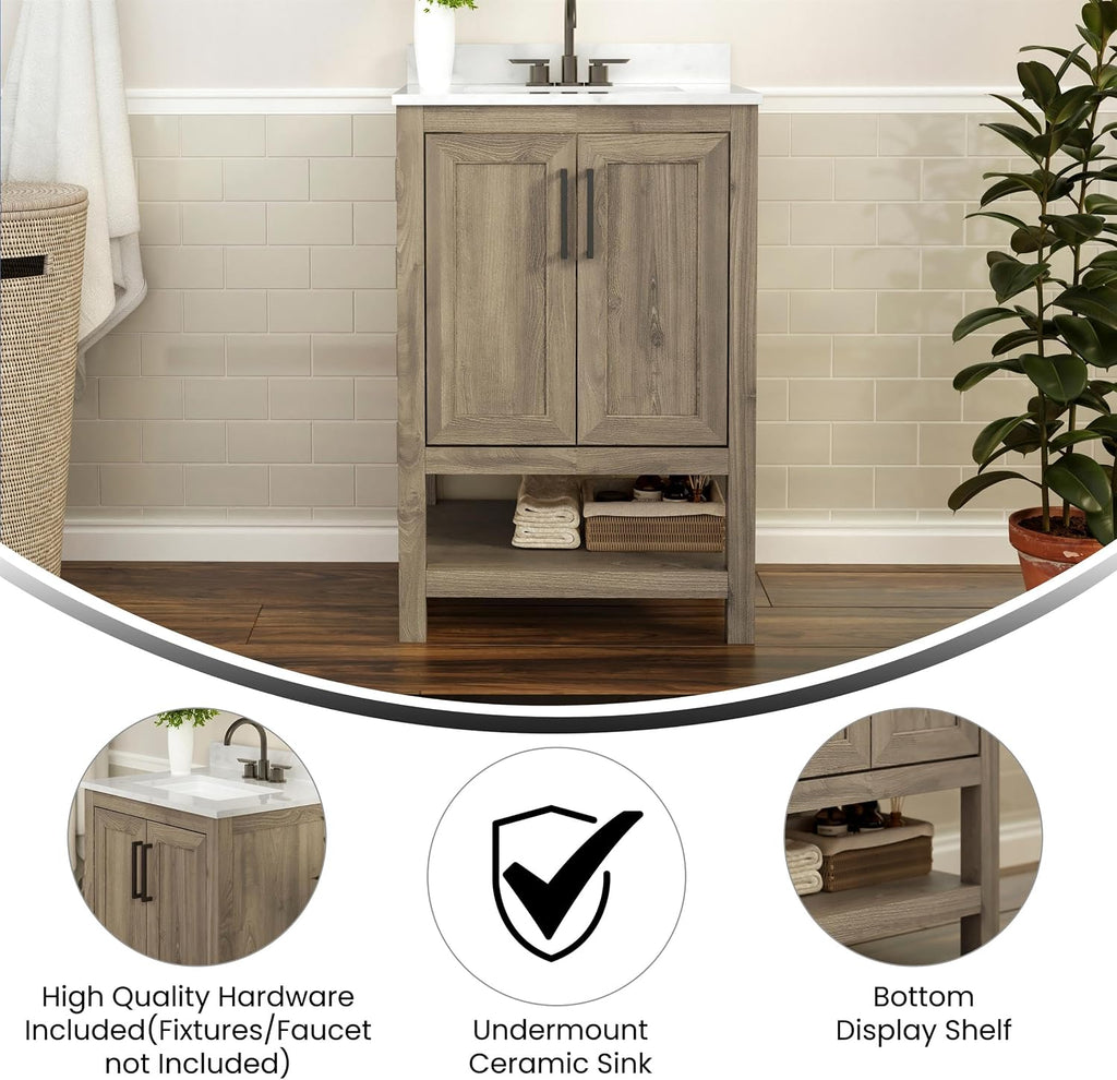 Flash Furniture Vega 24 Inch Bathroom Vanity with Sink Combo, Storage Cabinet with Soft Close Doors and Open Shelf, Carrara Marble Finish Countertop, Brown/White