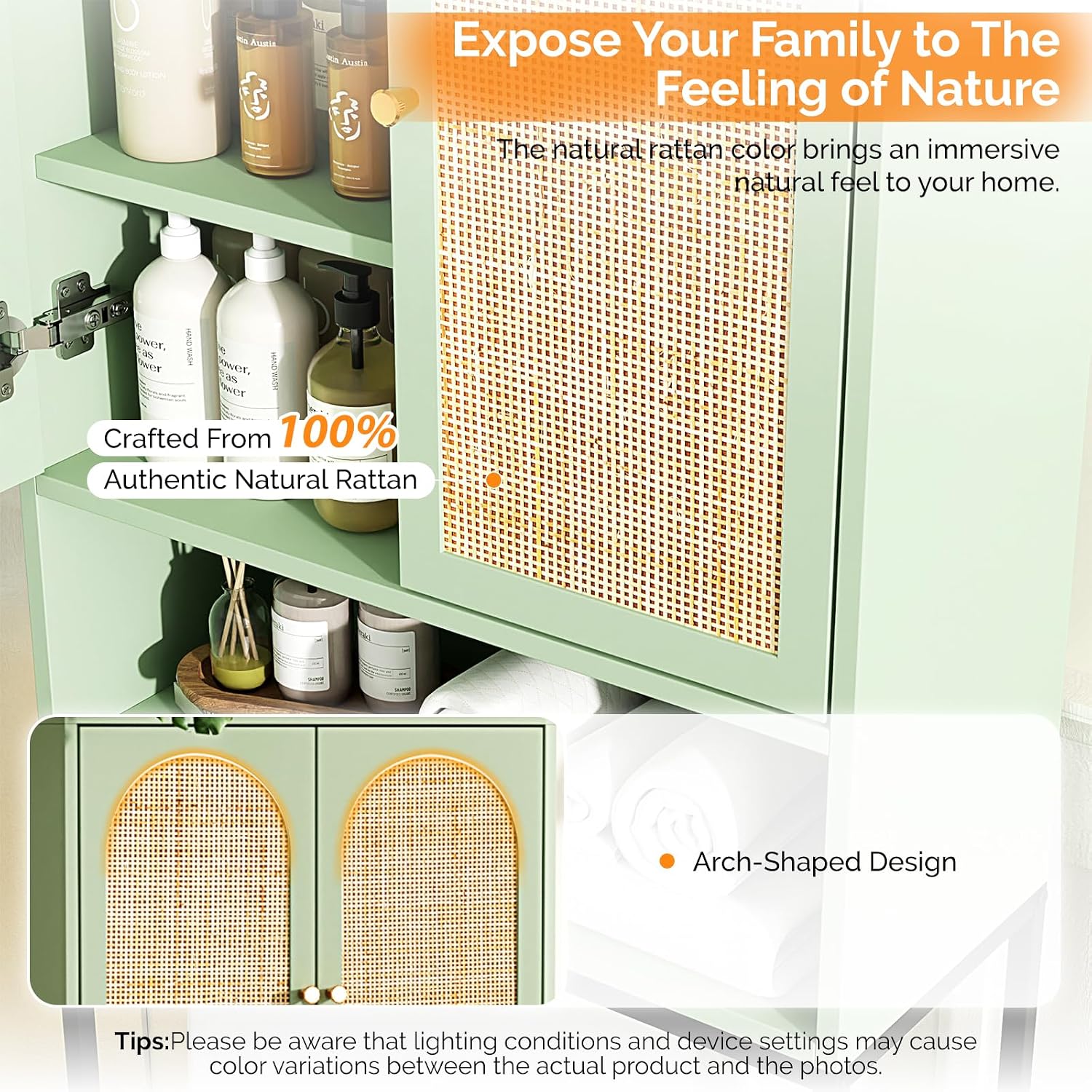 VINGLI Over The Toilet Storage Cabinet, Sage Green Rattan Bathroom Organizer Over Toilet with Adjustable Shelf, Freestanding Space Saver Stand with Soft-Close Doors for Restroom Laundry, Boho Modern