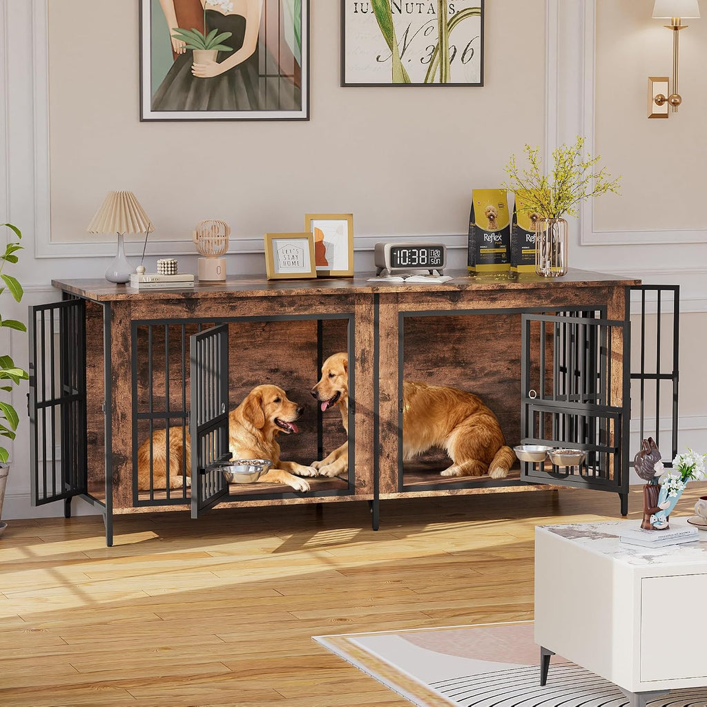 Grepatio 79' Double Dog Crate Furniture, Large Dog Kennel for 2 Dogs, Indoor Wooden Crate with Rotating Feeder Bowls and 4 Doors, Heavy Duty Dog House TV Stand with Removable Divider