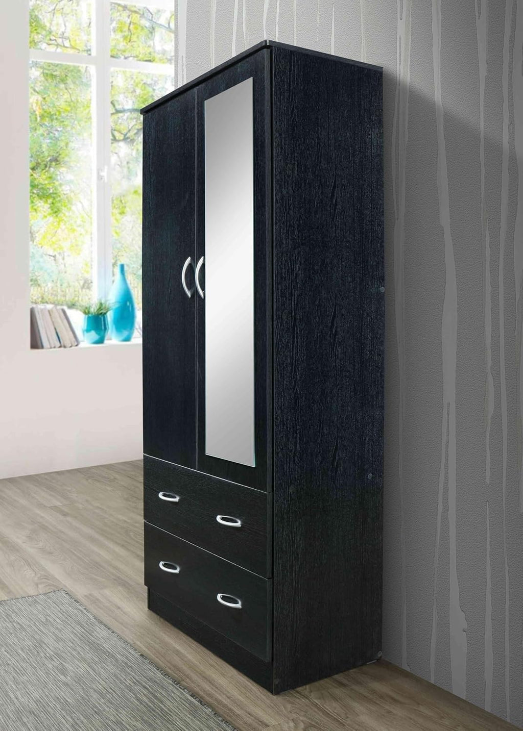 HODEDAH 2 Door Wood Wardrobe Bedroom Closet with Clothing Rod inside Cabinet, 2 Drawers for Storage and Mirror, Black