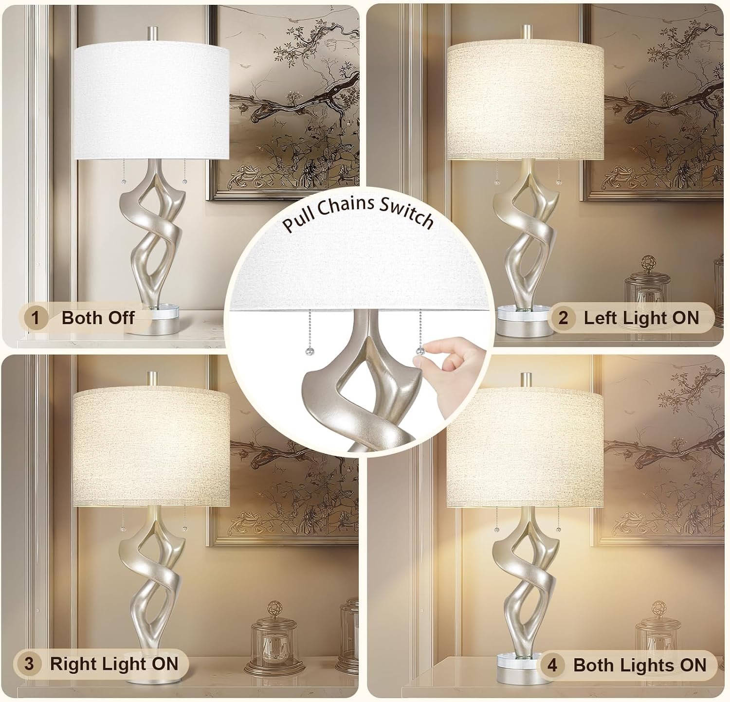 Scenekoy Sculptural Resin Table Lamp Set of 2 with USB Ports for Bedroom Living Room, 26' Antique Silver Leaf Dual Pull Chains Bedside Lamps, Nightstand Lamp for Home Room Decor (Bulbs Included)