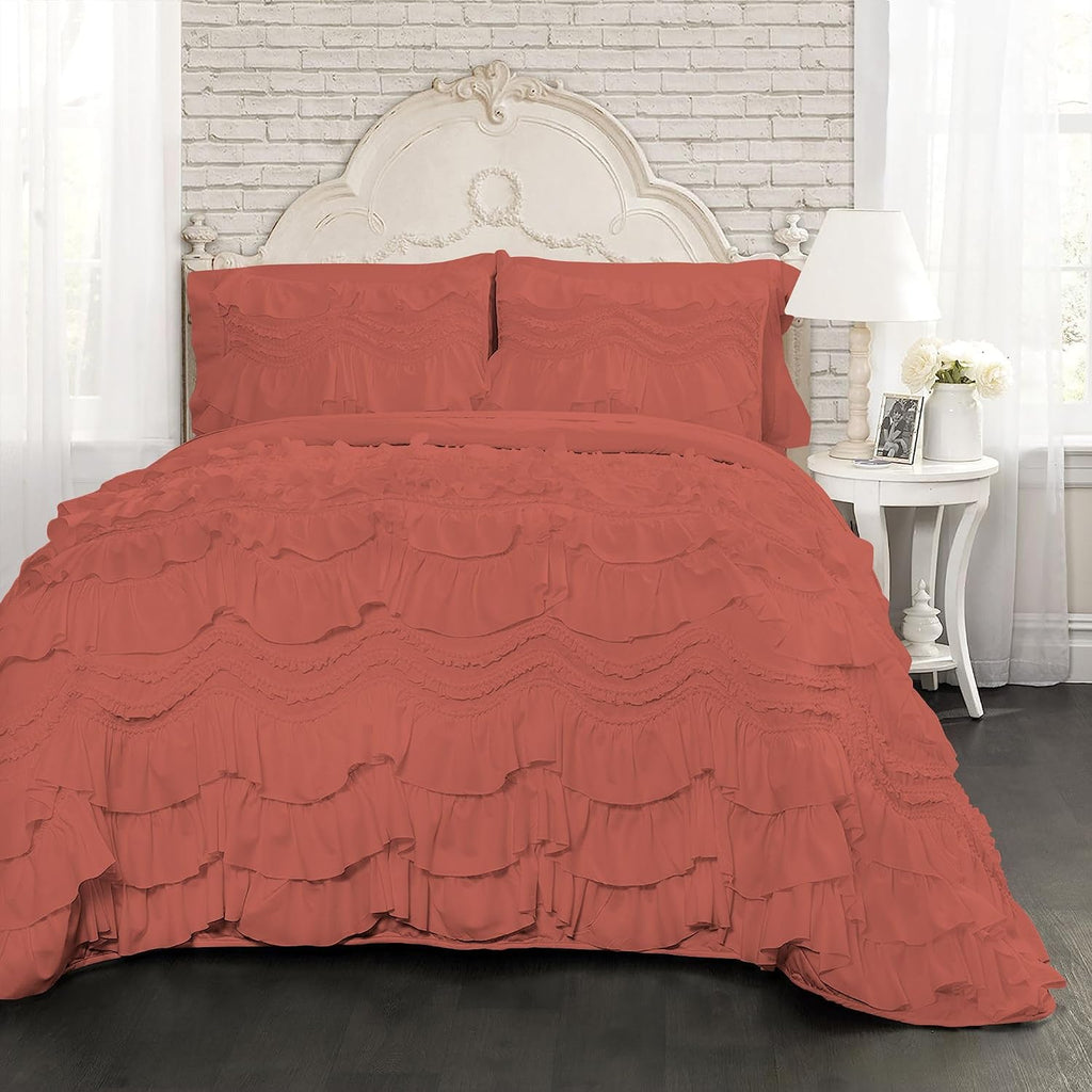 100% Egyptian Cotton, 550 GSM Microfiber Filled Quilt Ruffled Textured 3 Piece Full/Queen Size Comforter Set, Brick Red