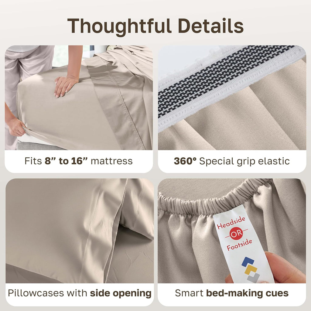 California Design Den Thick and Natural 100% Cotton Sheets Queen Size Set - 1000 Thread Count Sateen, Deep Pocket Queen Sheets, Durable Bedding Set - Beige (Sand Tone)