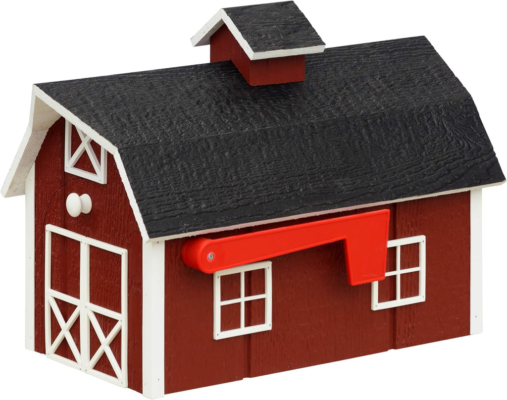 Amish Dutch Barn Painted Wooden Mailbox with Cupola (Red with White Trim)