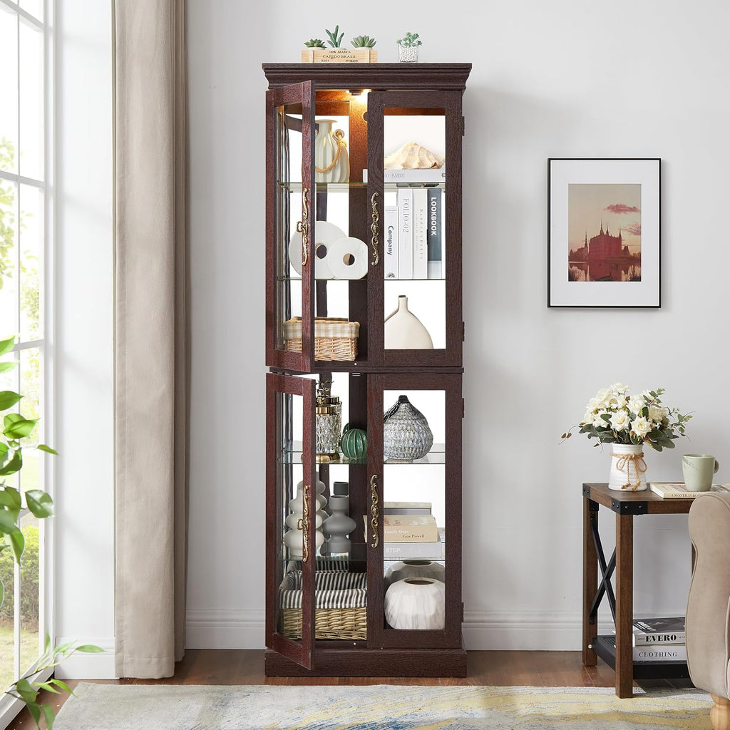 71' H Lighted Curio Cabinet Display Case, Glass Curio Cabinets with Adjustable Shelves and Tempered Glass Door, Wooden Cabinet w/Mirrored Back Pane for Living Room (Dark Cherry)