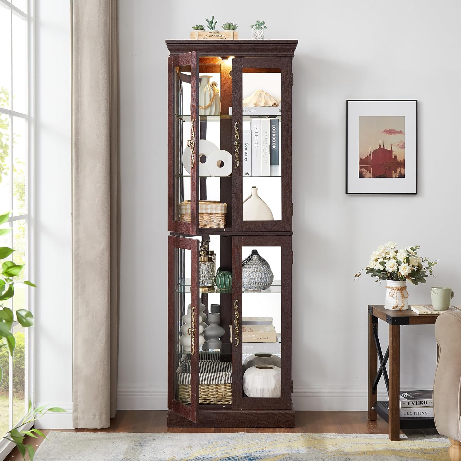 71' H Lighted Curio Cabinet Display Case, Glass Curio Cabinets with Adjustable Shelves and Tempered Glass Door, Wooden Cabinet w/Mirrored Back Pane for Living Room (Dark Cherry)