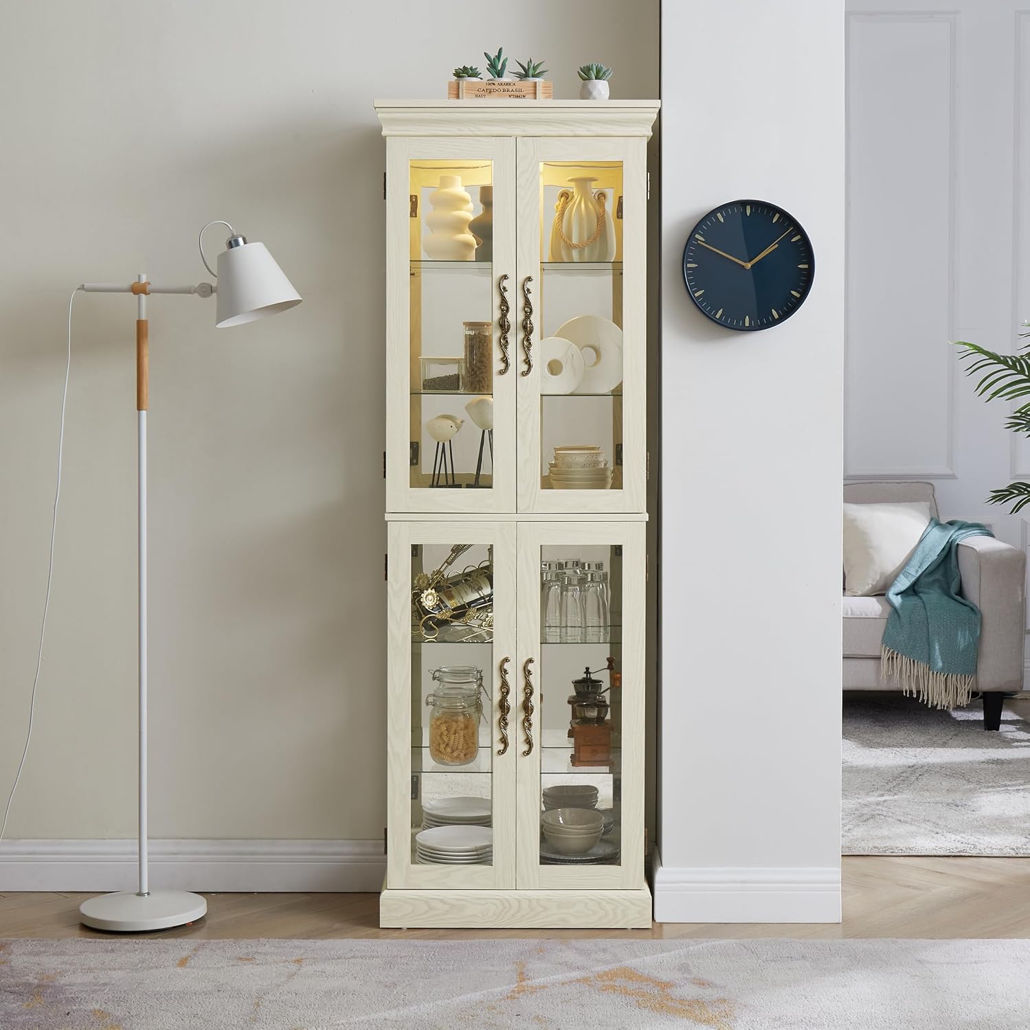 71' H Lighted Curio Cabinet Display Case, Glass Curio Cabinets with Adjustable Shelves and Tempered Glass Door, Wooden Cabinet w/Mirrored Back Pane for Living Room (Antique White)