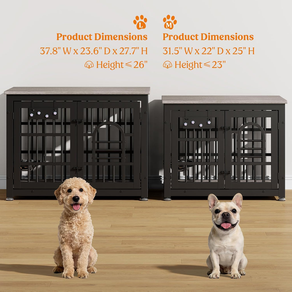 Lulive Dog Crate Furniture 37.8' Wooden Dog Kennel Table with Bowls Heavy Duty Dog Crates for Small/Medium/Large Dogs, Dog Kennel Furniture Indoor as TV Stand End Table,Grey