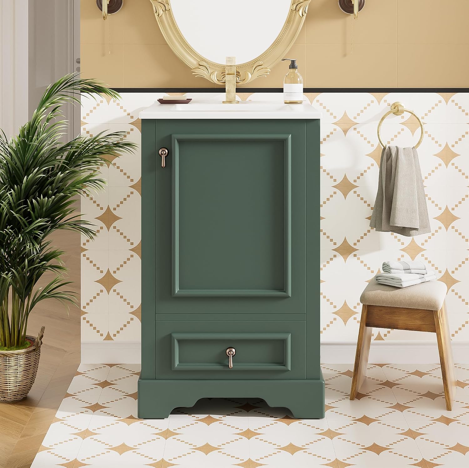 20 Inch Green Bathroom Vanity with Ceramic Sink and 1 Divider Drawer, Modern Bathroom Cabinet with Adjustable Shelf, Over Door Storage Rack and Soft Close Door