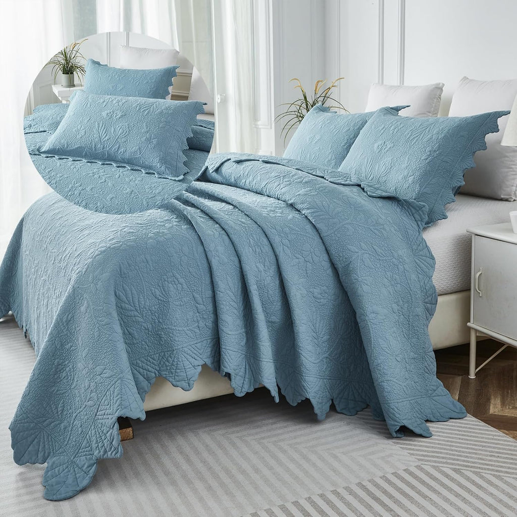 Brandream Luxury 100% Cotton Quilt Set Queen Size Blue Floral Vine Matelasse Stitching Hand-Finished Scalloped Edges Vintage-Inspired Textured Coverlet 3-Piece