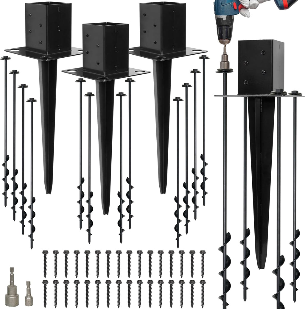 LADECH Set of 4 4x4 Fence Post Anchor Ground Spike 24' Length with Ground Anchors Screw in - Metal Black Powder Coated – Mailbox Post Anchors – Fit 3.5x3.5 Square