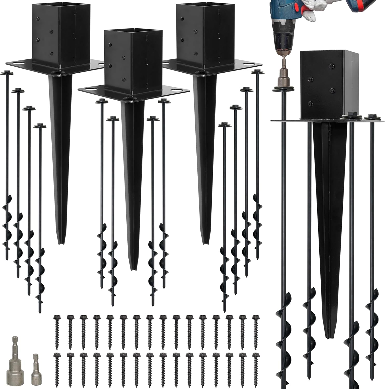 LADECH Set of 4 4x4 Fence Post Anchor Ground Spike 24' Length with Ground Anchors Screw in - Metal Black Powder Coated – Mailbox Post Anchors – Fit 3.5x3.5 Square