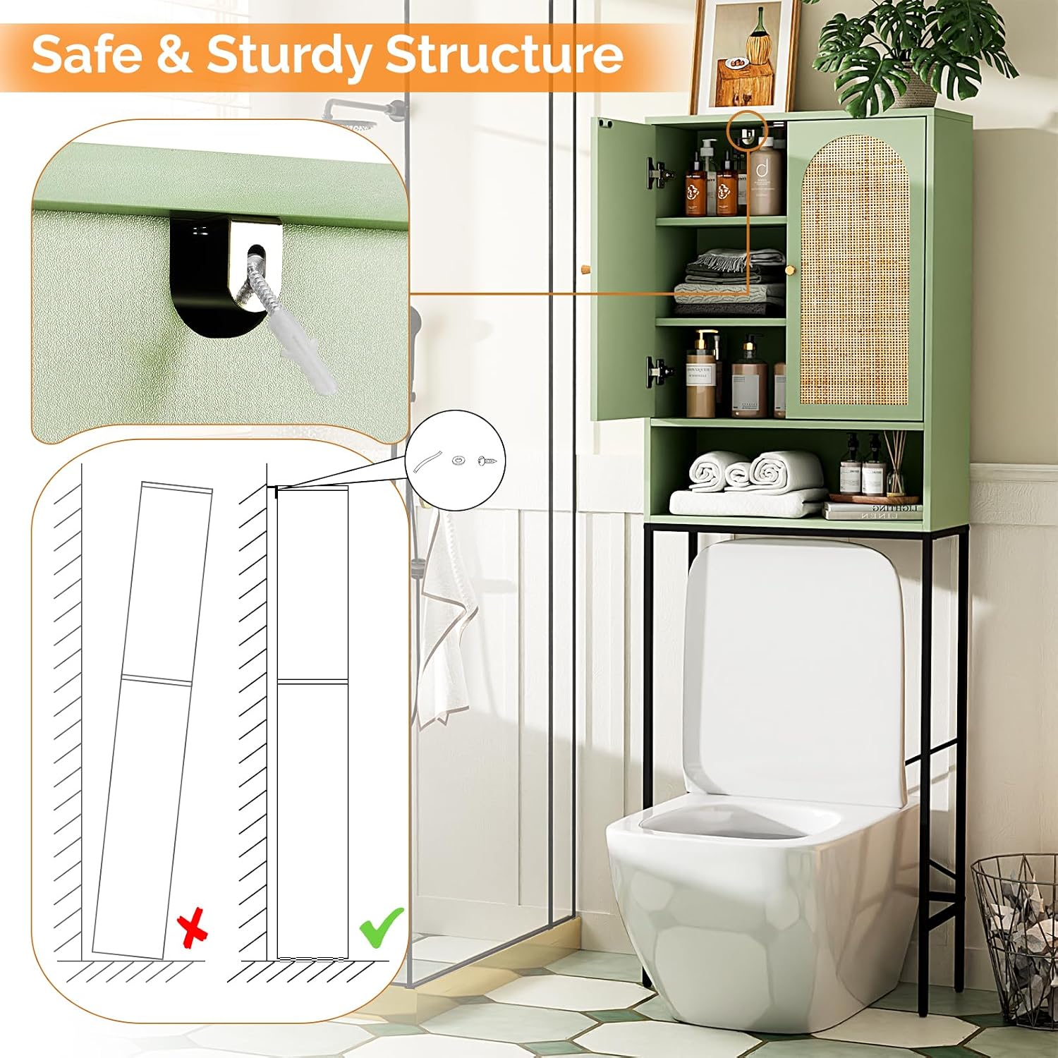 VINGLI Over The Toilet Storage Cabinet, Sage Green Rattan Bathroom Organizer Over Toilet with Adjustable Shelf, Freestanding Space Saver Stand with Soft-Close Doors for Restroom Laundry, Boho Modern