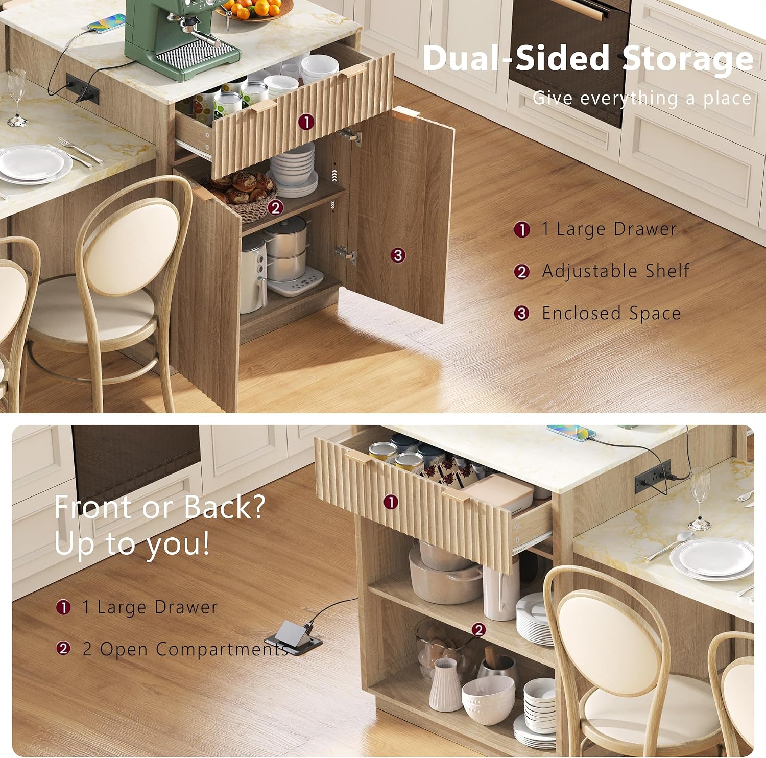 RUNNA 82.6' Fluted Kitchen Island with Extendable Dining Table for 4-6,Island Table for Kitchen with Power Outlet, Kitchen Table with Double-Side Storage, 2 Drawers 2 Side Open Shelves (Natural#18)