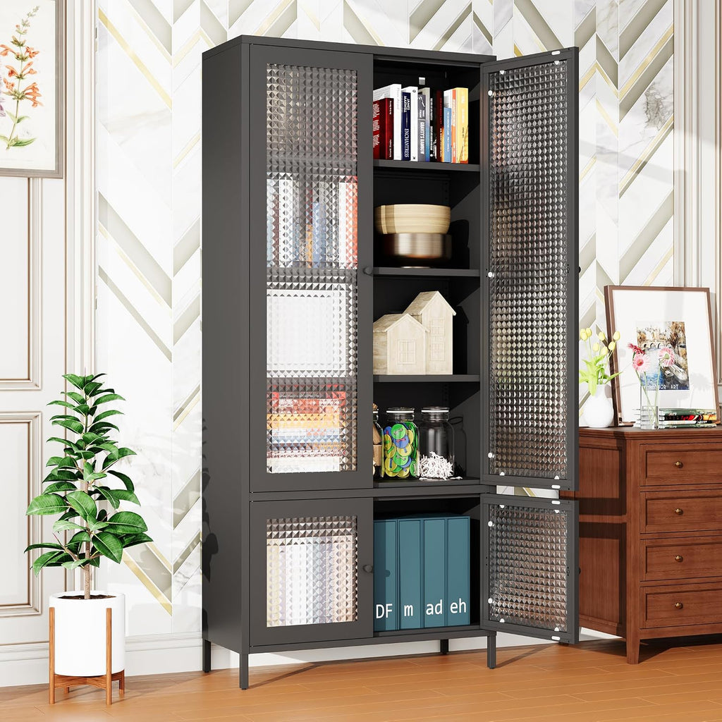Large Metal Storage Cabinet Display Cabinet with 4 Glass Doors 5 Shelves Side Cabinet Bookcase Freestanding Cabinet for Bedroom Living Room Pantry Home Office - Black, Waffle-Grids Tempered Glass