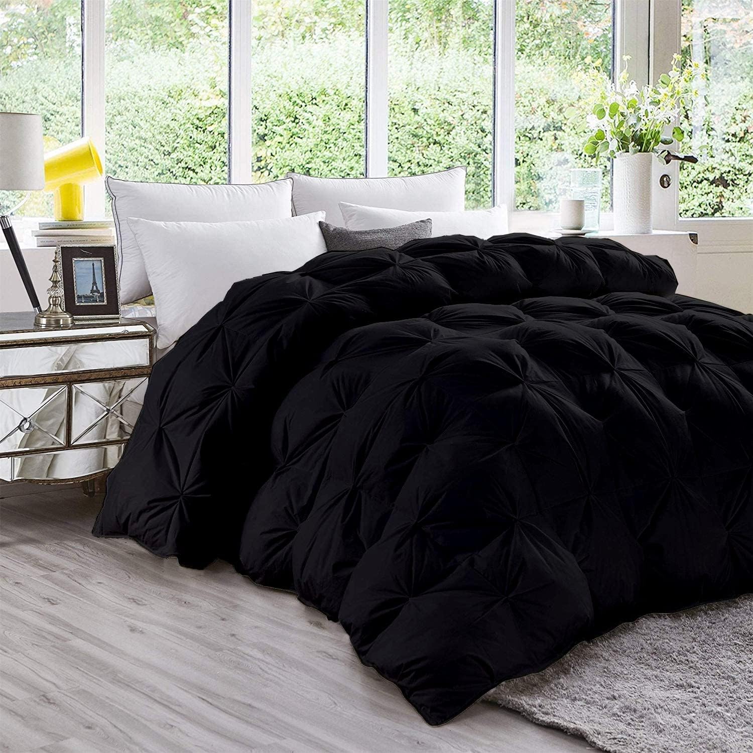Black Solid Diamond Pinch Pleated Down Comforter 1 Piece All-Season Duvet Insert, 500 GSM with Corner Tabs 100% Egyptian Cotton- (Black Solid), Oversized King Size (116 in x 98 in)