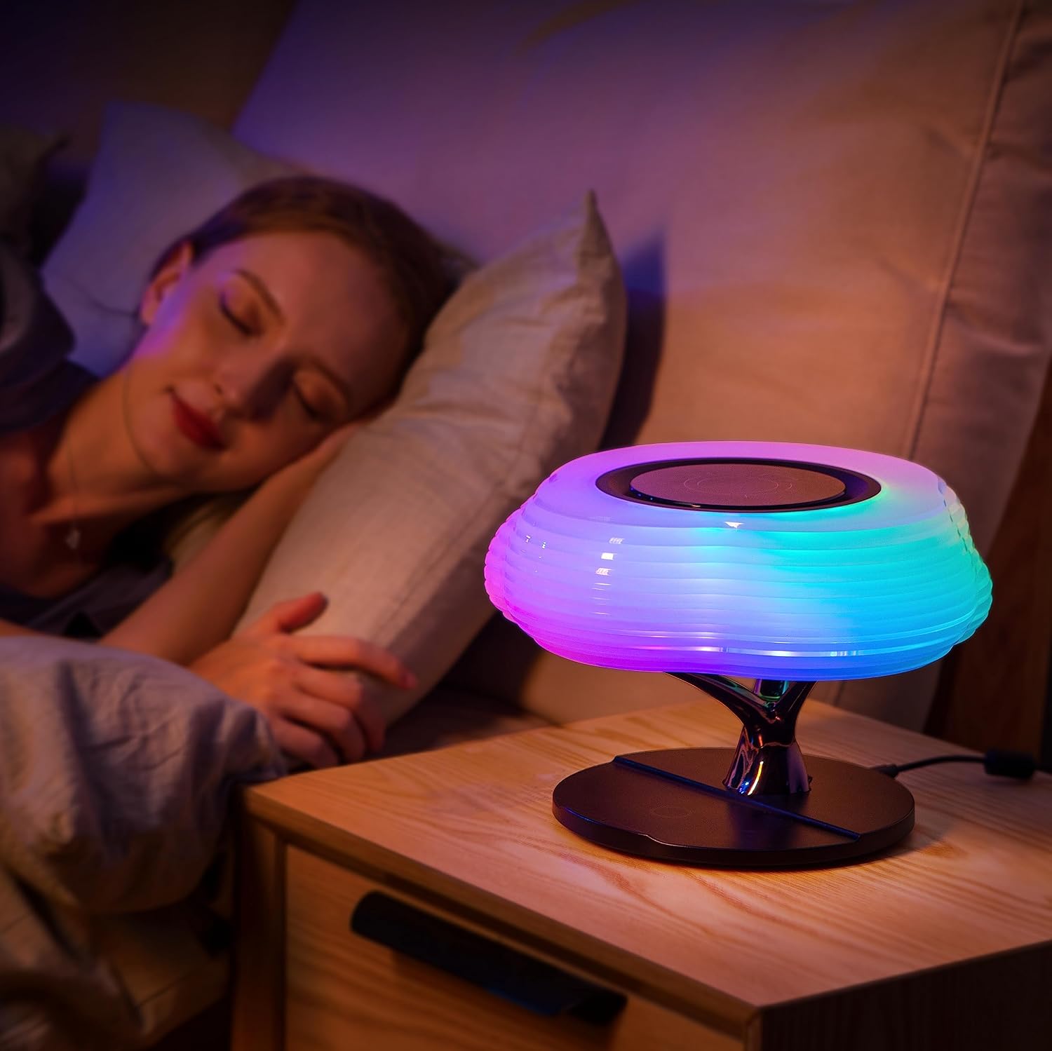 Bonsai Modern LED Bedside Smart Table Lamp with Built-in TWS Bluetooth Speaker and Qi Wireless Charger for Home and Office, Stepless Dimming with Sleep Mode (Clouds)