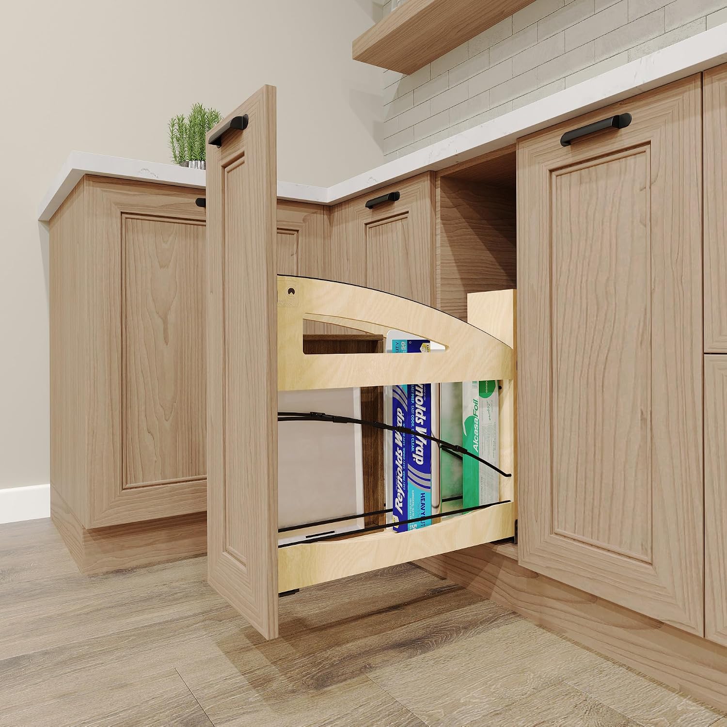 Rev-A-Shelf 5' Craftsman Collection Solid Maple Base Cabinet Pullout w/Tray Divider/Foil Wrap Holder, Black Accents and BLUM Soft-Close Slides for 9' Base Cabinets