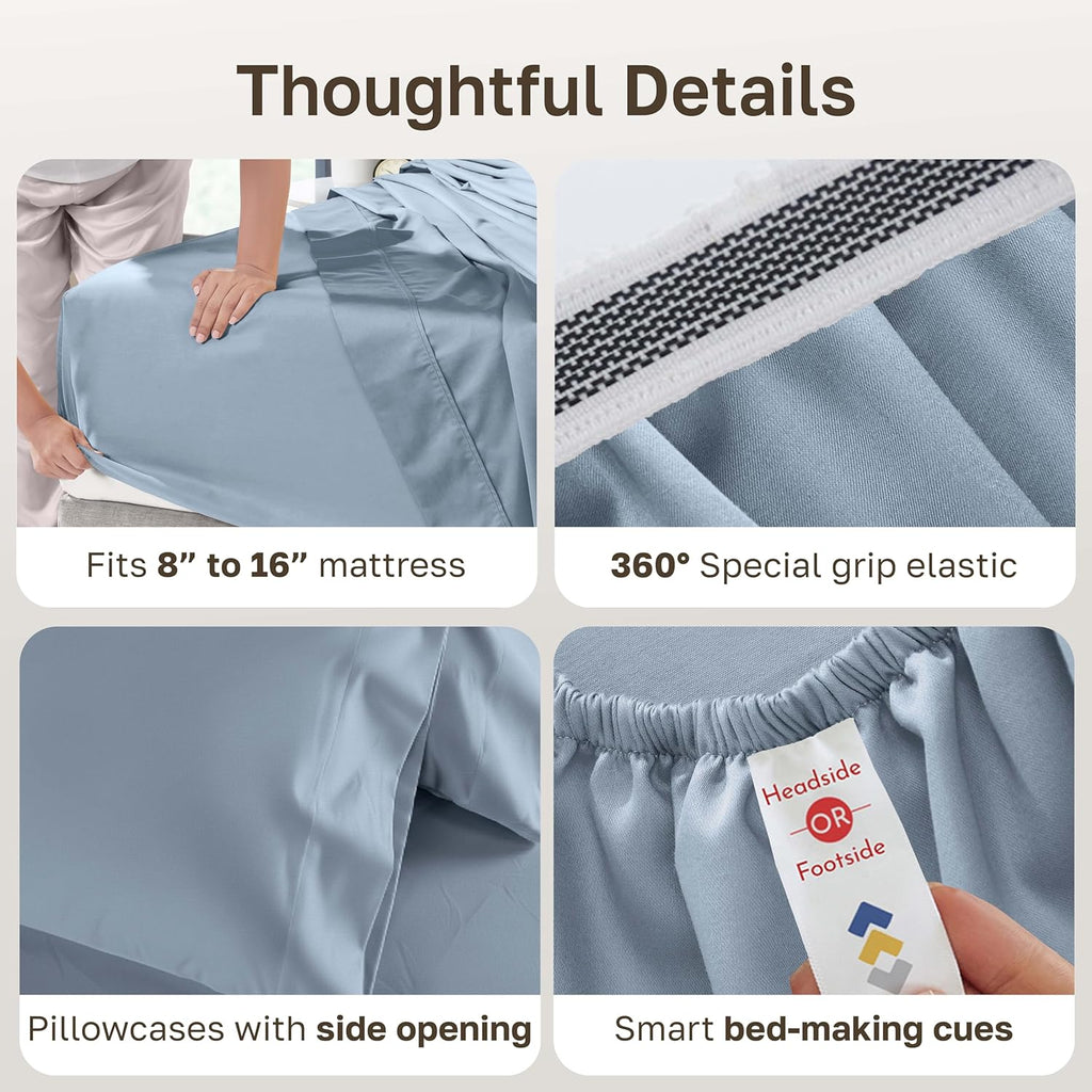 California Design Den Thick and Natural 100% Cotton Sheets for Queen Size Bed Set - 1000 Thread Count Sateen, Deep Pocket Queen Bed Sheets, Durable Bedding Set - Blue