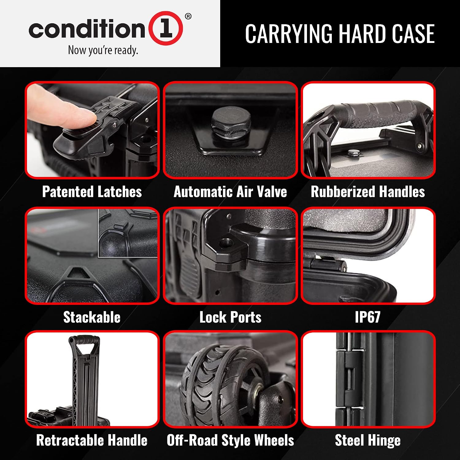 Condition 1 31' Large Waterproof Rolling Hard Travel Case Model 1258 with Wheels, Plastic Lockable, for Electronics, Tactical Gear, Made in USA, 31.6'x20.1'x12.66' Black
