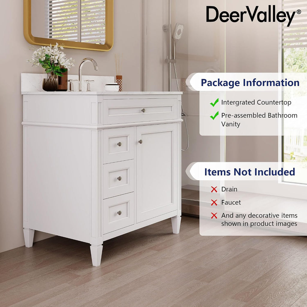 DeerValley 30 Inch Bathroom Vanity with Sink and Backsplash, Pre-Assembled Modern Bath Cabinet with Storage, Soft Close Doors, White