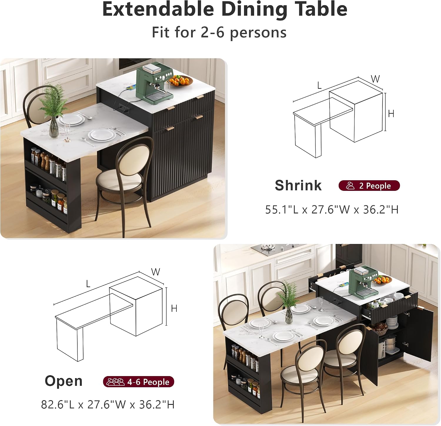 RUNNA 82.6' Fluted Kitchen Island with Extendable Dining Table for 4-6,Island Table for Kitchen with Power Outlet, Kitchen Table with Double-Side Storage, 2 Drawers 2 Side Open Shelves (Black#18)