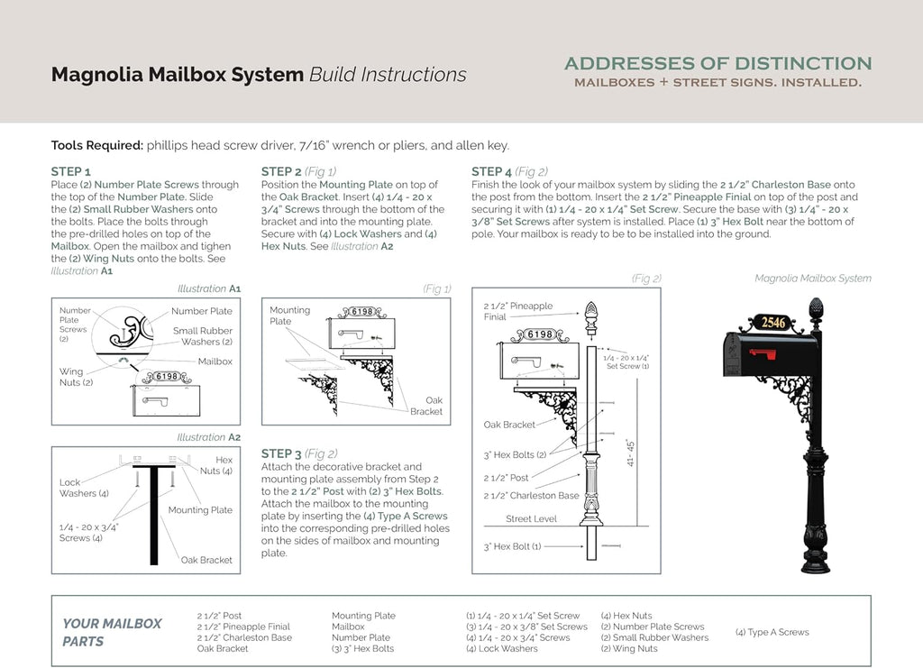 Magnolia Large Mailbox & Post System – Black Rust Resistant Mailbox – Includes Plaque, Decorative Bracket, Decorative Finial & Mounting Hardware - Customized Address Numbers