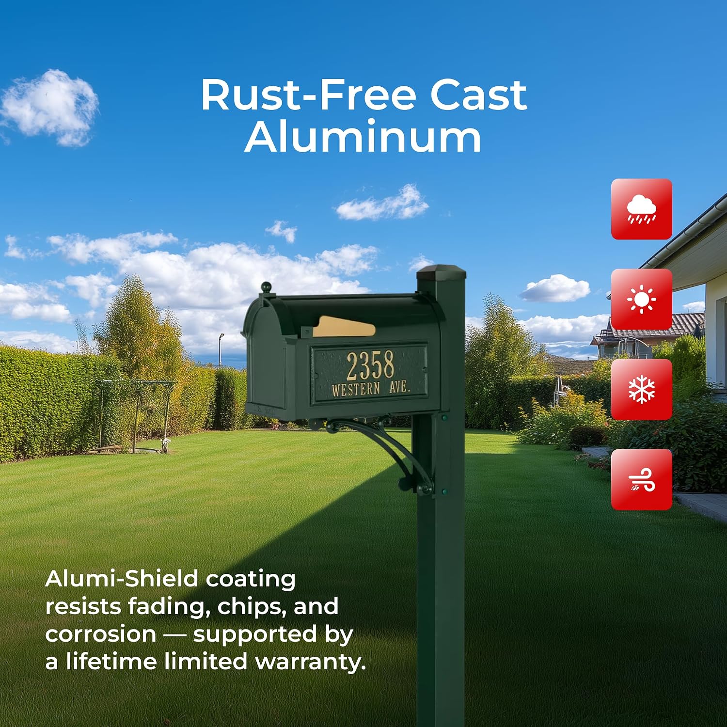 Whitehall Superior Mailbox Package Large Cast Aluminum Streetside Mailbox with Decorative Superior Post & Personalized Address Side Plaques Powder Coated Classic Green Mailpost