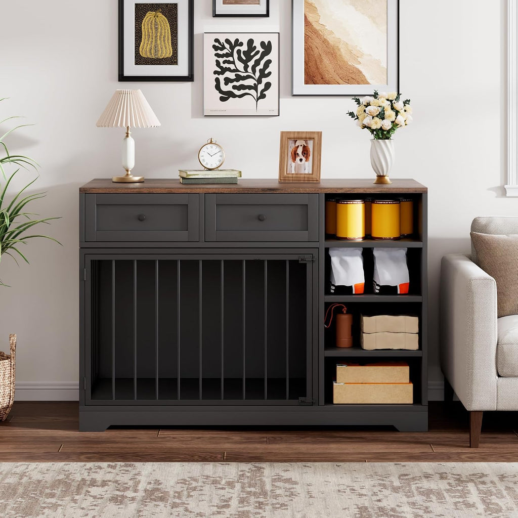 GAOMON Wooden Dog Crate Furniture with 2 Drawers and 4 Open Shelves, Multi-Functional Pet Kennel & TV Stand with Storage for Indoor Use, Black
