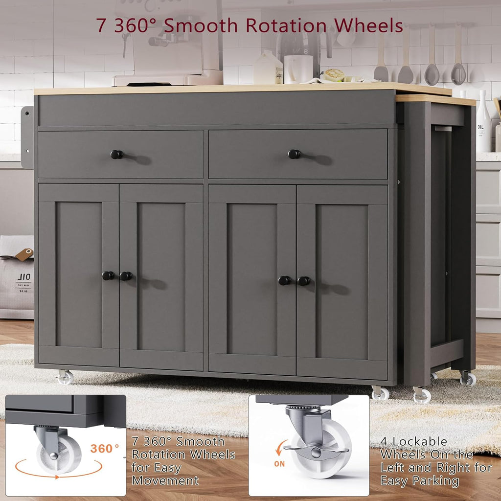 RUNNA 74.5 inch Modern Grey Kitchen Island with Extendable Dining Table, Rolling Storage Cart with 4 Door Cabinet, Spice Rack, 2 Drawers, for Kitchen, Dining Room