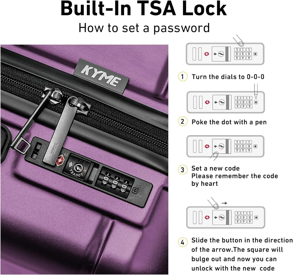 KYME Luggage Sets 2 Piece Suitcase Set Hardshell 20 inch/24 inch Luggage with Spinner Wheels Hardside PC+ABS Checked Medium Suitcase with TSA Lock for Women Dark Purple