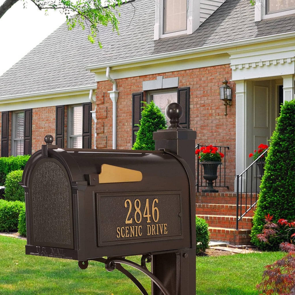 Whitehall Custom Extra Large Mailbox - Capitol Model with Address Plaque and Side Mount Post Package, Sand Cast Aluminum, Bronze Personalized in Goldtone