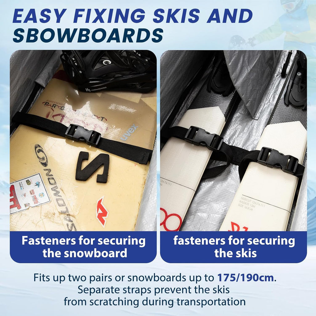 Double Rolling Ski Bag with Wheels, Padded Ski Bag for Air Travel to Hold 2 Pairs of Skis up to 175 or 190 cm.