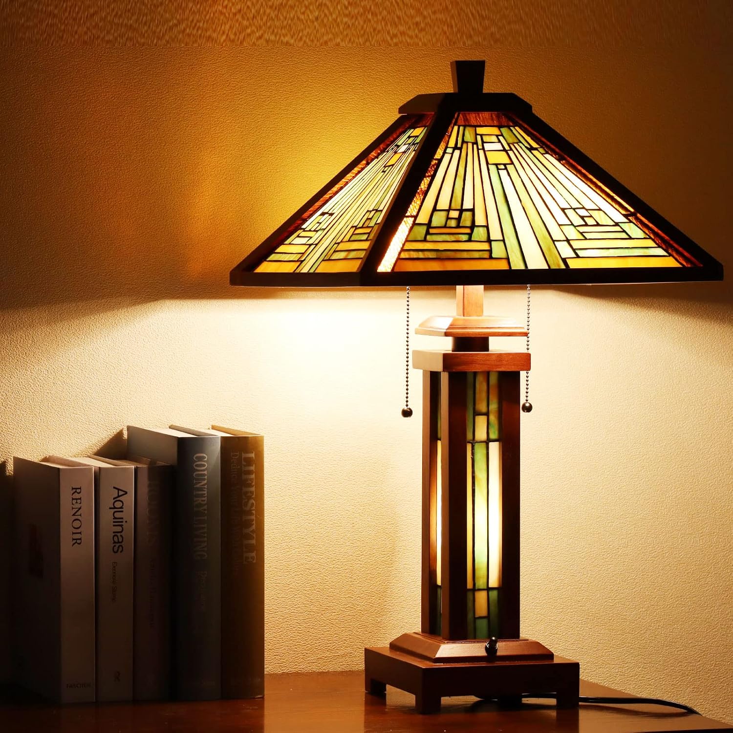 Capulina Tiffany Lamp Stained Glass Table Lamp 3-Light 15X15X26 Inches Amber Brown Wooden Base Tiffany Style Desk Lamp with Night Light Decor for Living Room Bedroom Home Office