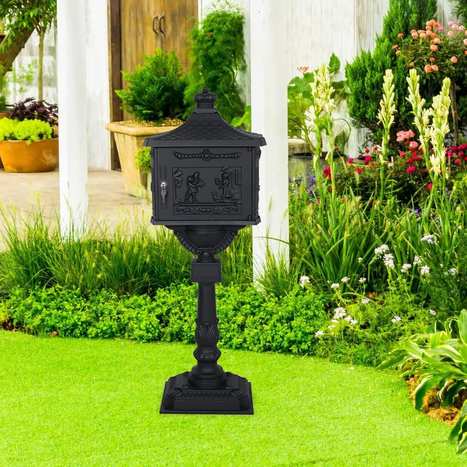 Cast Aluminum Mailbox Postal Box, Locking Mailbox for Outside with Keys, Curbside Mail Manager Outside Weatherproof Rustproof Security Post-Mount Mail Box (Black)
