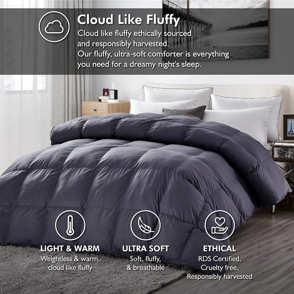 Luxurious Queen Size Goose Down Feather Fiber Comforter Duvet Insert, 100% Egyptian Cotton Cover, 60 oz. Fill Weight Comforter (Queen, Gray Solid)