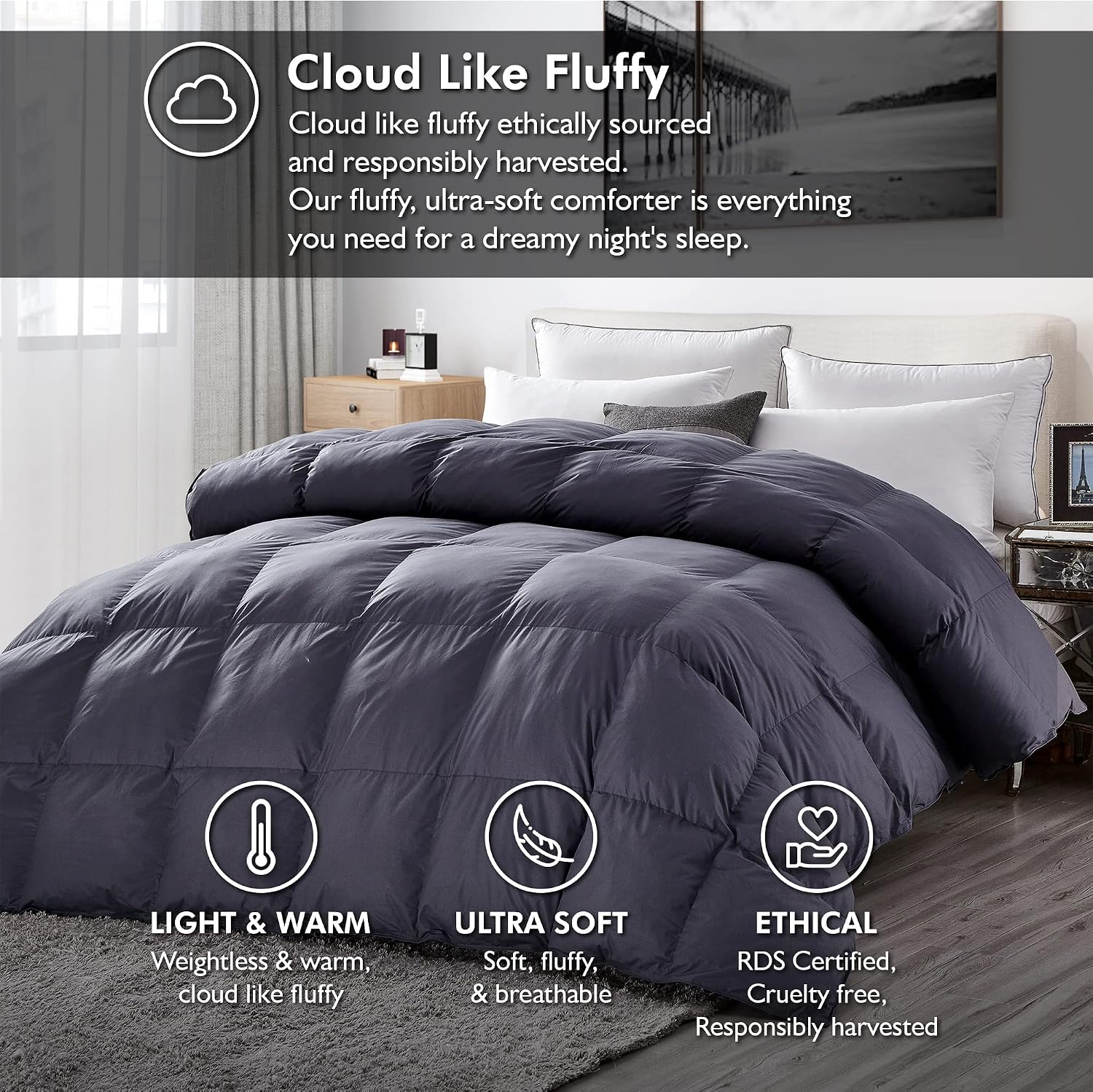Luxurious Queen Size Goose Down Feather Fiber Comforter Duvet Insert, 100% Egyptian Cotton Cover, 60 oz. Fill Weight Comforter (Queen, Gray Solid)