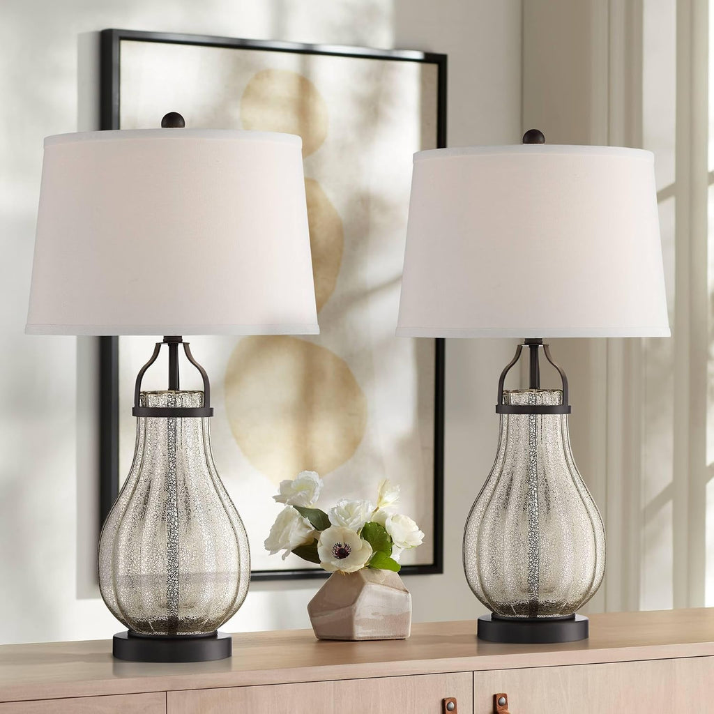 Franklin Iron Works Arian 27 1/2' Tall Modern Table Lamps Set of 2 Oil Rubbed Bronze Finish Metal Mercury Glass White Shade Living Room Bedroom Bedside Nightstand House Office Home Reading