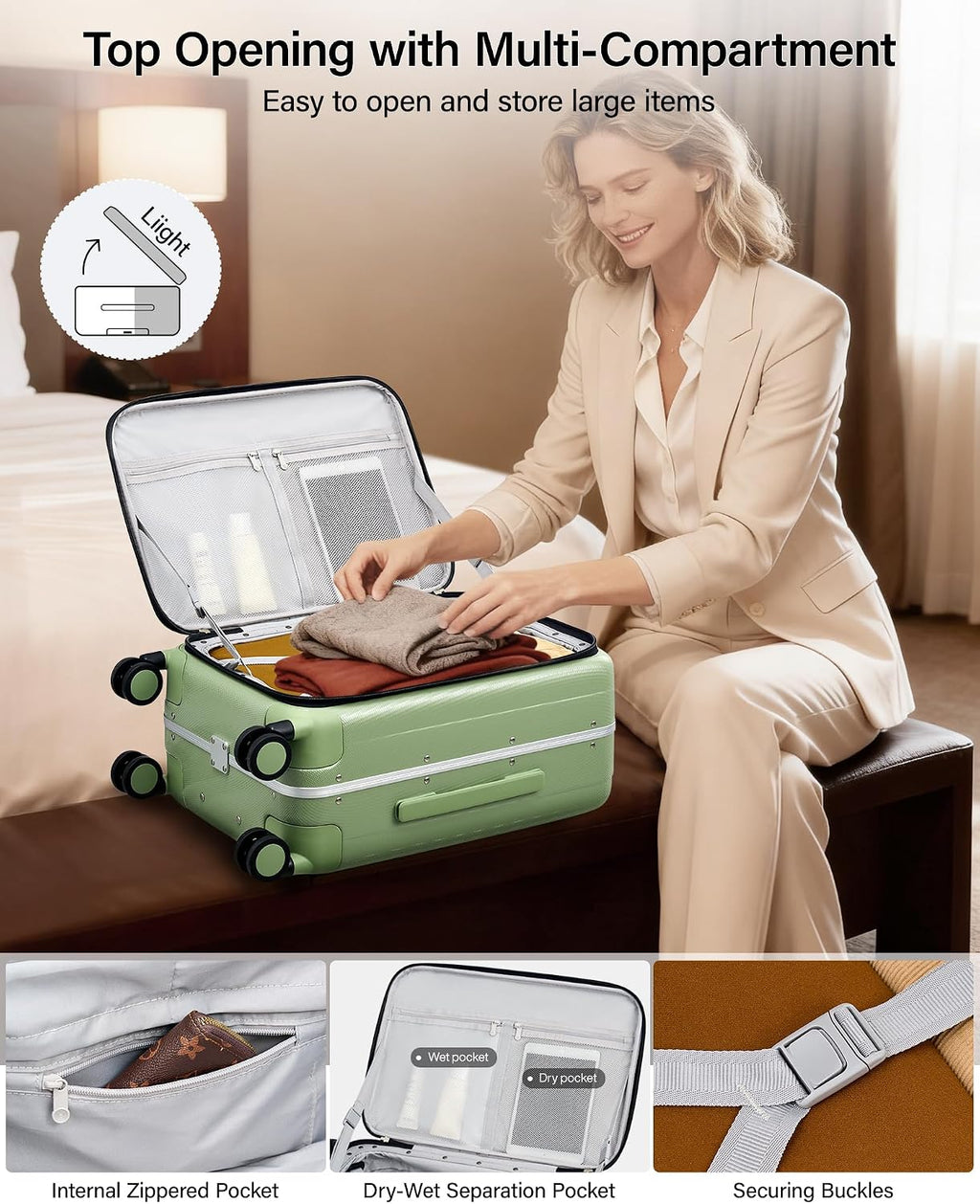 Hanke 24 Inch Checked Luggage PC Hard Shell luggage Top Opening Aluminum Frame Travel Luggage Suitcases with Wheels for Woman Men.(Bamboo Green)
