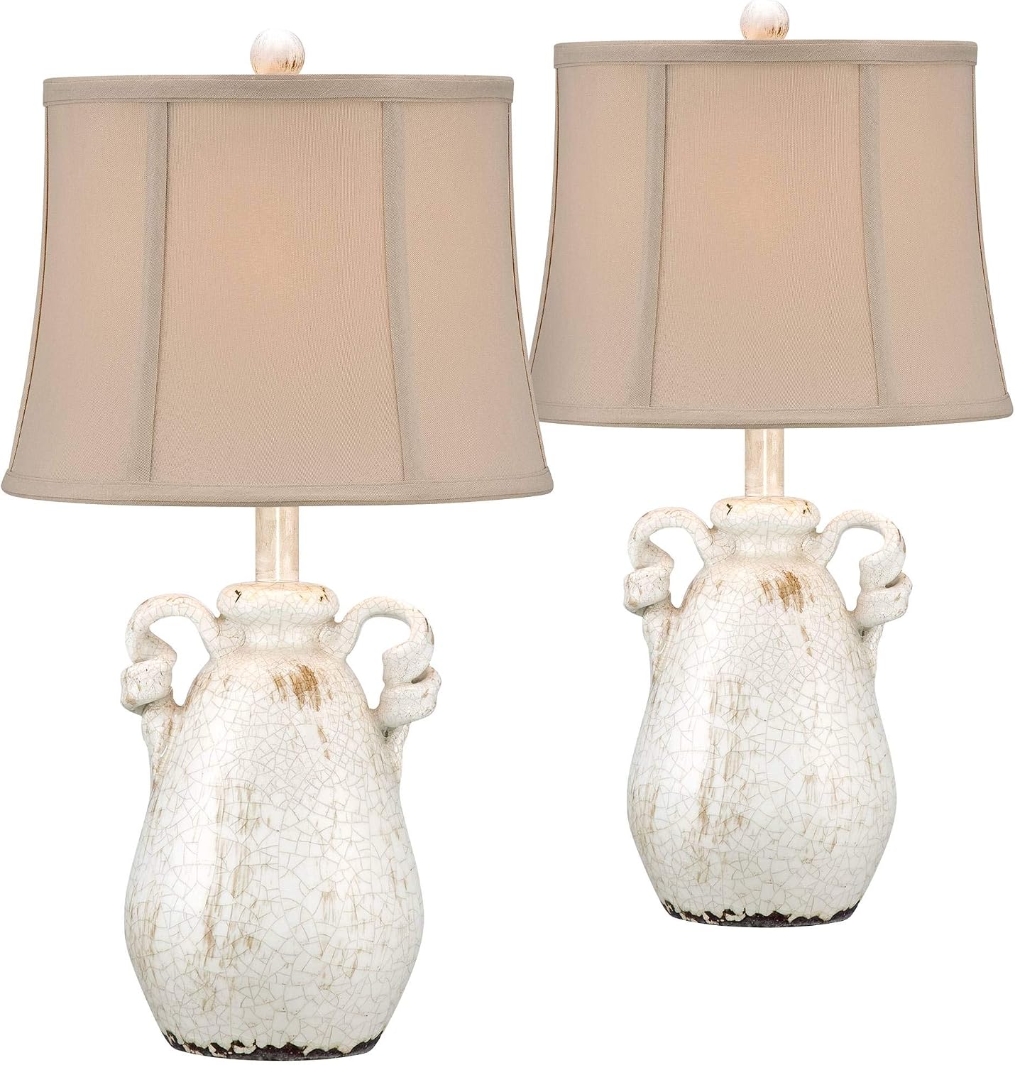 Regency Hill Sofia Rustic Country Cottage Core Accent Table Lamps 22' Tall Set of 2 Crackled Ivory Glaze Ceramic Handles Jar Beige Bell Shade for Bedroom Living Room House Home Bedside Nightstand