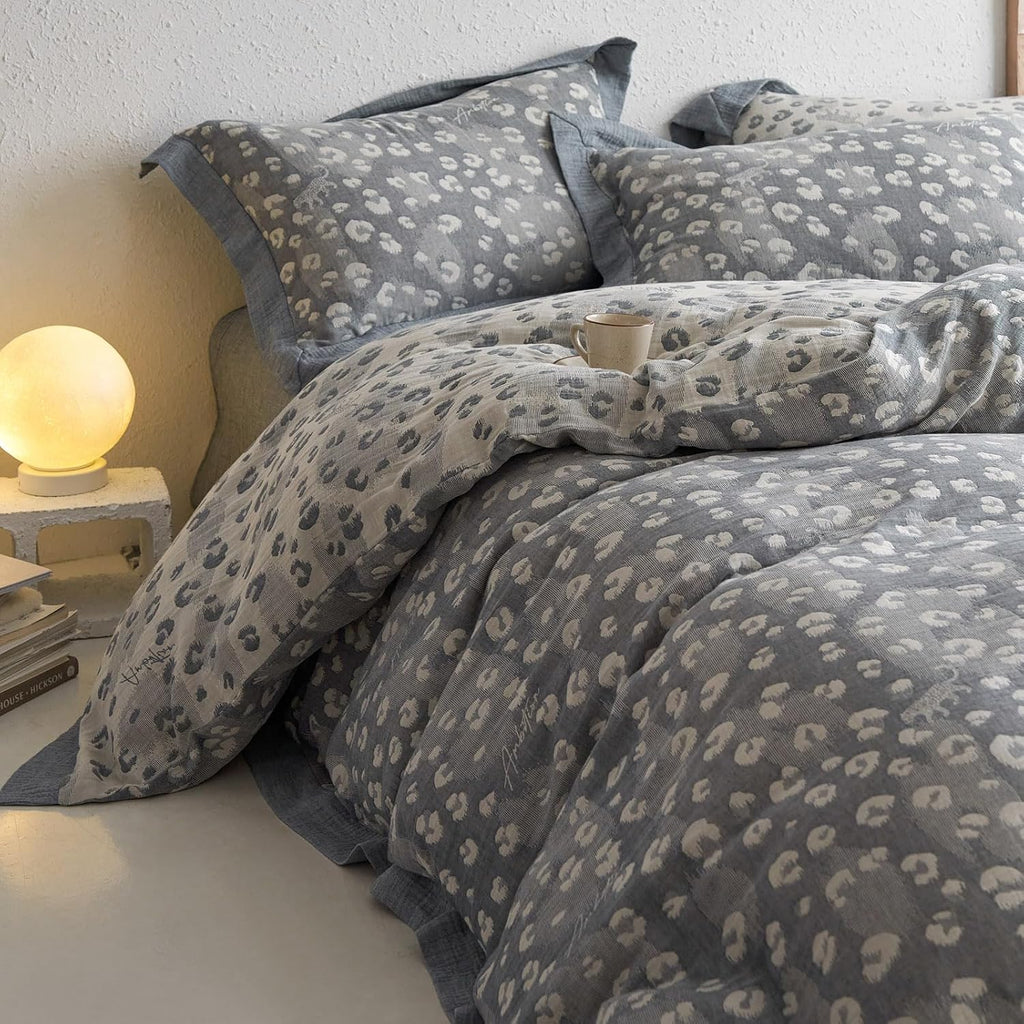 Jacquard Leopard Duvet Cover King Yarn-Dyed Linen Cotton Duvet Cover Vintage Grey Leopard Print Bedding Set Muslin Cotton Jacquard Comforter Cover Leopard Pattern Floral Duvet Cover for Men Women