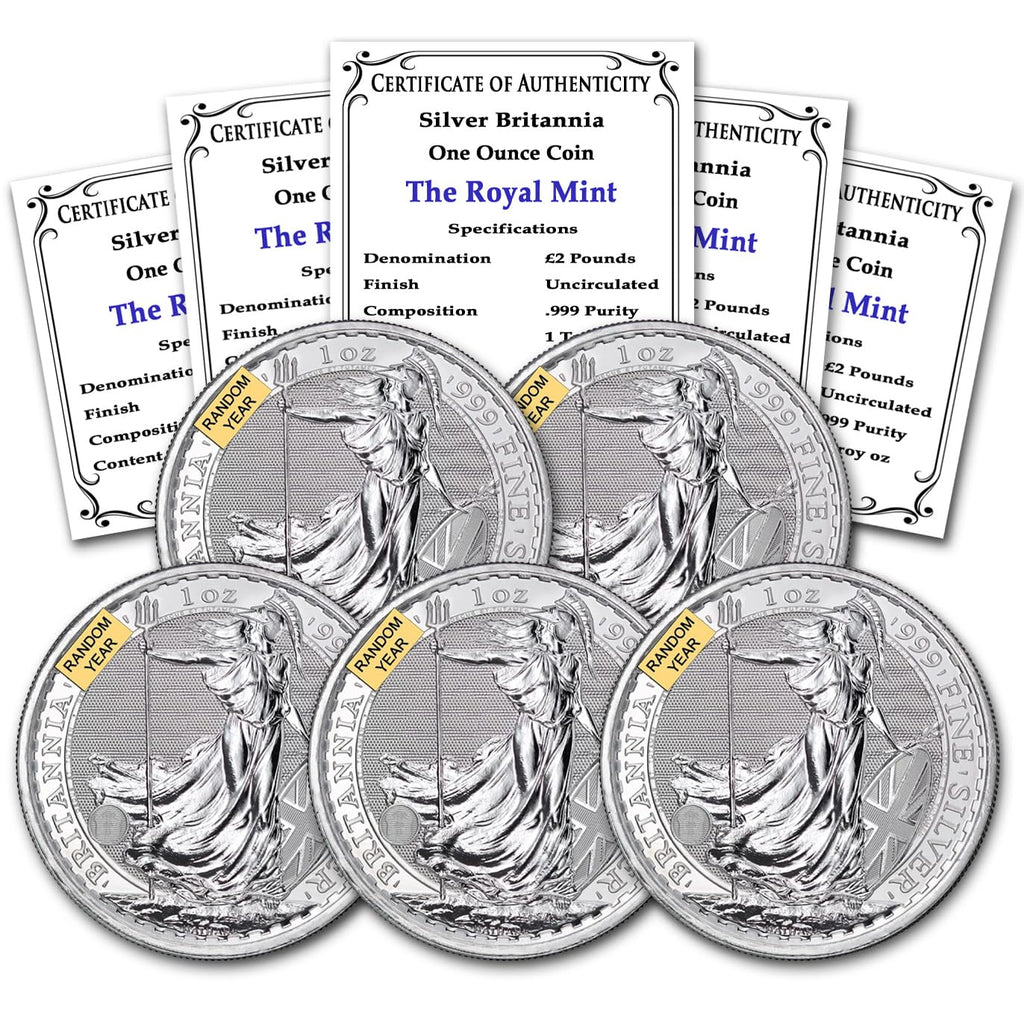 1997 - Present (Random Year) Lot of (5) 1 oz Silver Britannia Coins Brilliant Uncirculated with a Certificate of Authenticity £2 GBP Seller BU