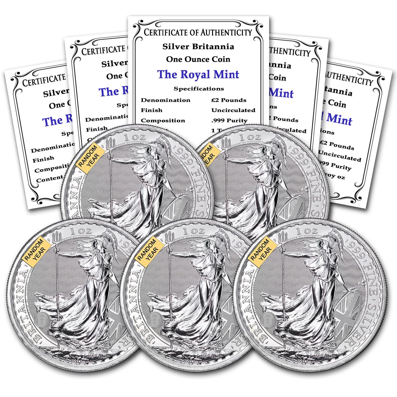 1997 - Present (Random Year) Lot of (5) 1 oz Silver Britannia Coins Brilliant Uncirculated with a Certificate of Authenticity £2 GBP Seller BU